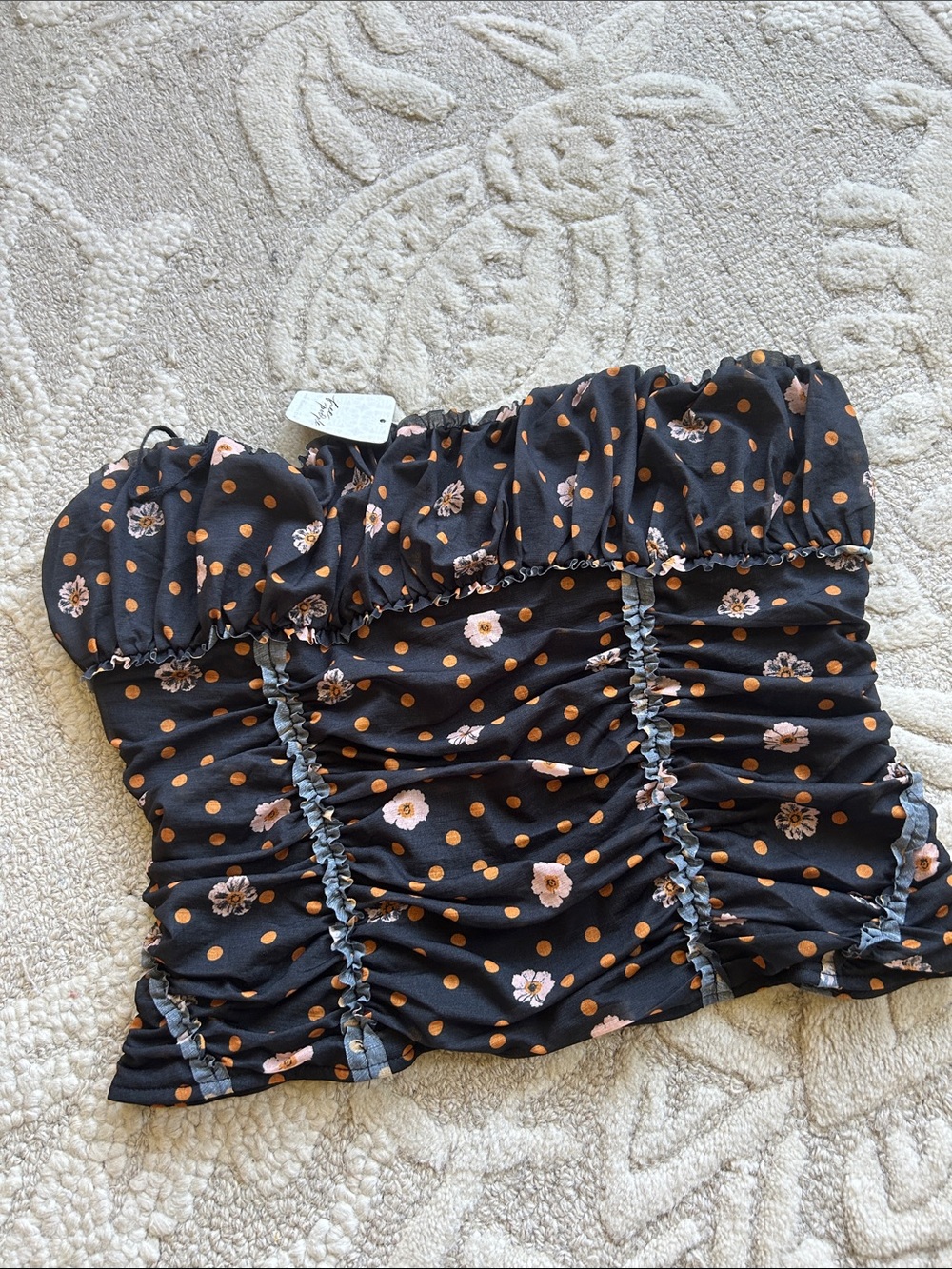 Free People Black Strapless Polka Dot & Floral Ruched Crop Top